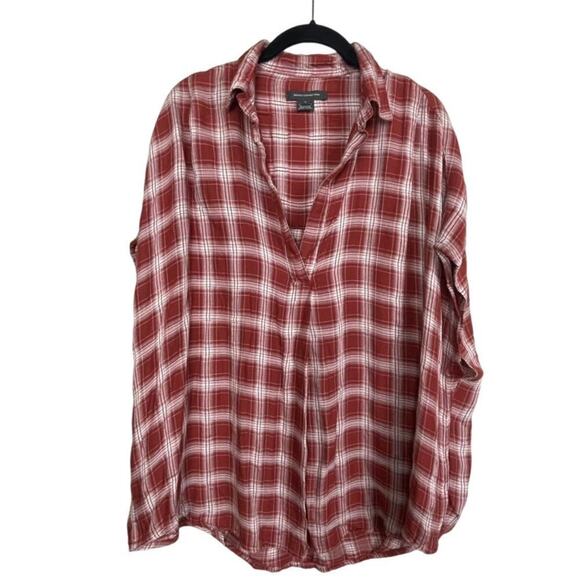 French Connection Over-sized Short Sleeve Plaid Popover Top Size L Red - Picture 1 of 6